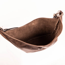 A gray leather bag on a white background