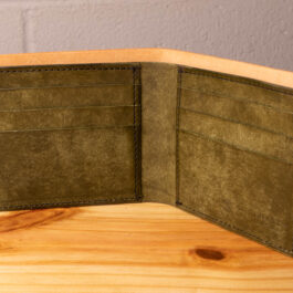 A leather wallet sitting on a wooden table