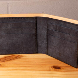 A leather wallet sitting on a wooden table