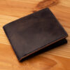 A leather wallet sitting on a wooden table