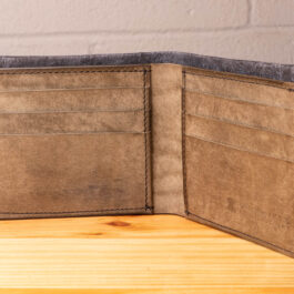 A leather wallet sitting on a wooden table