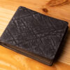 A leather wallet sitting on a wooden table