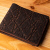 A leather wallet sitting on a wooden table