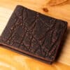 A leather wallet sitting on a wooden table