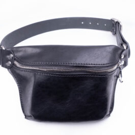 A black leather fanny pack on a white background