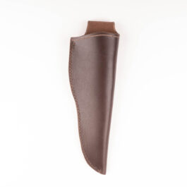 A Handmade Leather Sheath is hanging on a white wall.