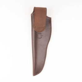 A handmade leather sheath with a brown leather handle.
