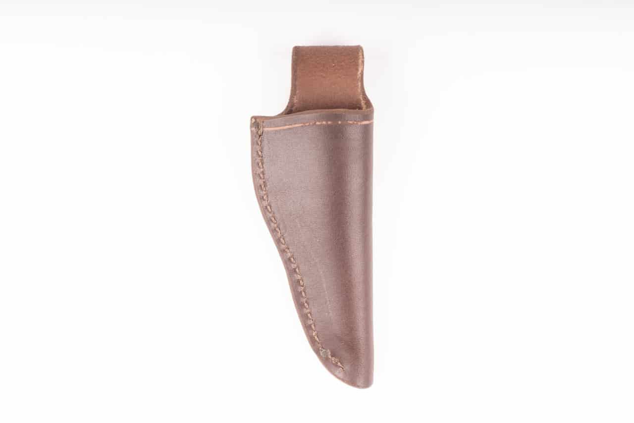A brown Handmade Leather Sheath with a white background.